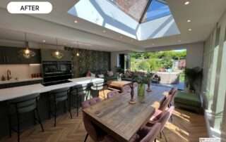 New kitchen layout, looking to outside through sky roof and sliding doors