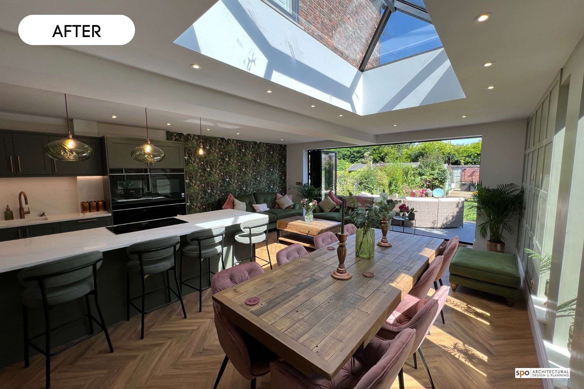 New kitchen layout, looking to outside through sky roof and sliding doors